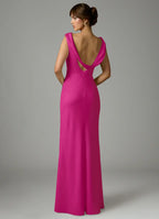 Elegant fuchsia satin bridesmaid dress with cowl neck, draped open back, ruched waist and sheath skirt