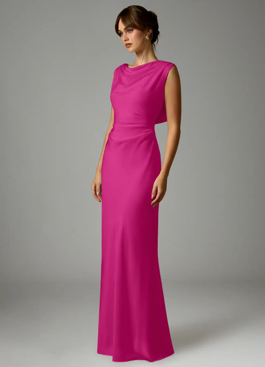 Elegant fuchsia satin bridesmaid dress with cowl neck, draped open back, ruched waist and sheath skirt