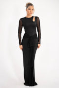 Embellished Cutout Sheath Crew Neck Mesh Sleeve Zipper Back Floor Length Prom Dress