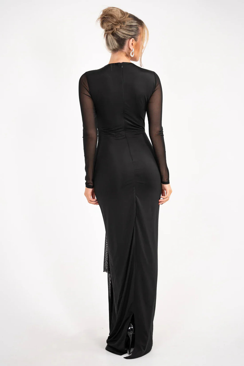 Embellished Cutout Sheath Crew Neck Mesh Sleeve Zipper Back Floor Length Prom Dress
