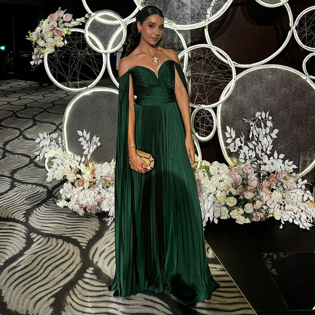 Green Emerald Off Shoulder Deep Pleated Cape Sleeve A-Line Formal Evening Gown