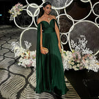 Green Emerald Off Shoulder Deep Pleated Cape Sleeve A-Line Formal Evening Gown