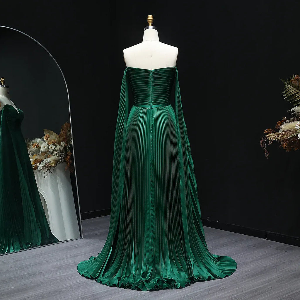 Green Emerald Off Shoulder Deep Pleated Cape Sleeve A-Line Formal Evening Gown