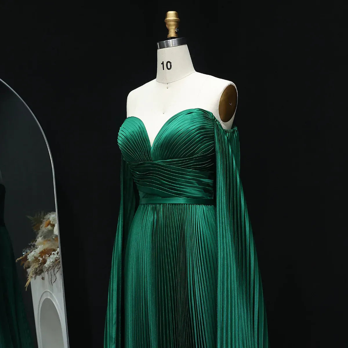 Green Emerald Off Shoulder Deep Pleated Cape Sleeve A-Line Formal Evening Gown