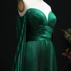 Green Emerald Off Shoulder Deep Pleated Cape Sleeve A-Line Formal Evening Gown