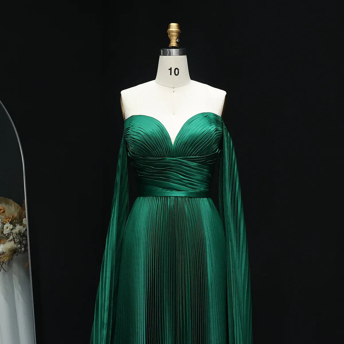 Green Emerald Off Shoulder Deep Pleated Cape Sleeve A-Line Formal Evening Gown