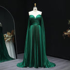 Green Emerald Off Shoulder Deep Pleated Cape Sleeve A-Line Formal Evening Gown