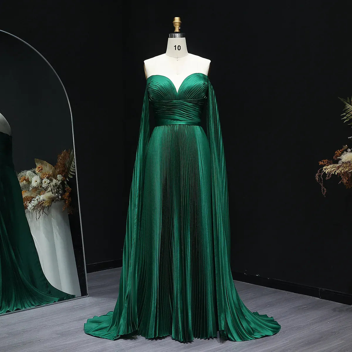 Green Emerald Off Shoulder Deep Pleated Cape Sleeve A-Line Formal Evening Gown