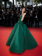 Green Emerald Square Neck Bow Accent A-Line Long Formal Evening Gown