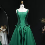 Green Emerald Square Neck Bow Accent A-Line Long Formal Evening Gown