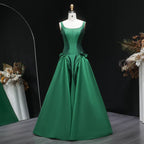 Green Emerald Square Neck Bow Accent A-Line Long Formal Evening Gown