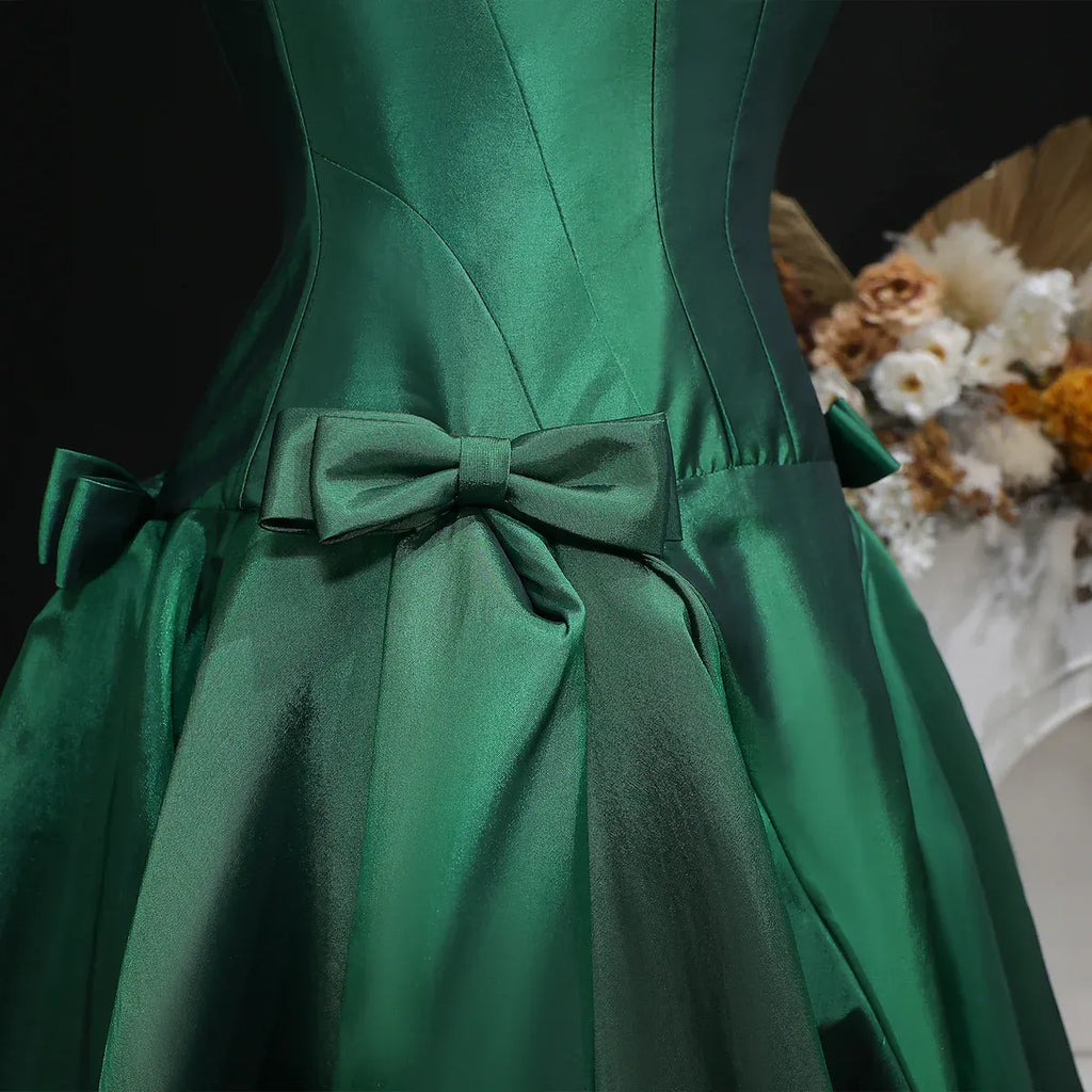 Green Emerald Square Neck Bow Accent A-Line Long Formal Evening Gown