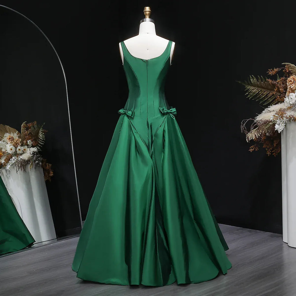 Green Emerald Square Neck Bow Accent A-Line Long Formal Evening Gown