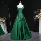 Green Emerald Square Neck Bow Accent A-Line Long Formal Evening Gown