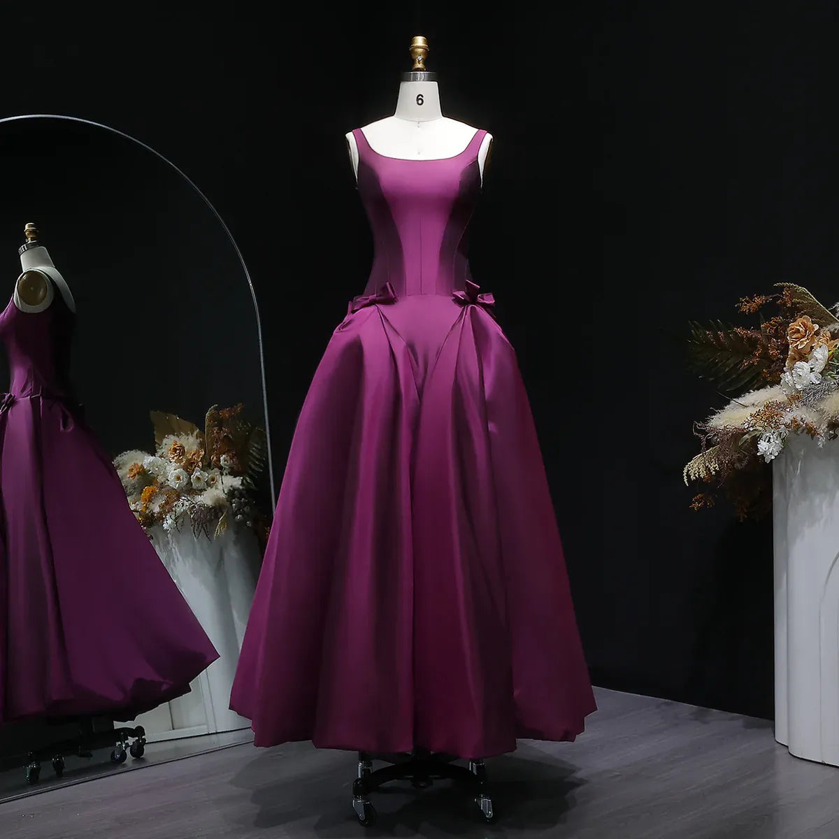 Green Emerald Square Neck Bow Accent A-Line Long Formal Evening Gown