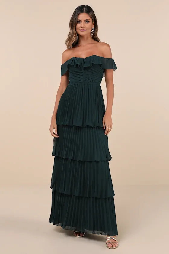 Dress Classic Emerald Pleated Off-the-Shoulder Maxi Dress Evening Dress A-Line Sleeveless Sweetheart Neck Prom Dress