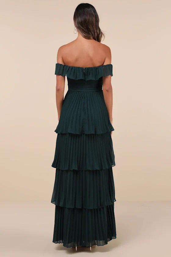 Dress Classic Emerald Pleated Off-the-Shoulder Maxi Dress Evening Dress A-Line Sleeveless Sweetheart Neck Prom Dress