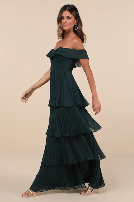 Dress Classic Emerald Pleated Off-the-Shoulder Maxi Dress Evening Dress A-Line Sleeveless Sweetheart Neck Prom Dress