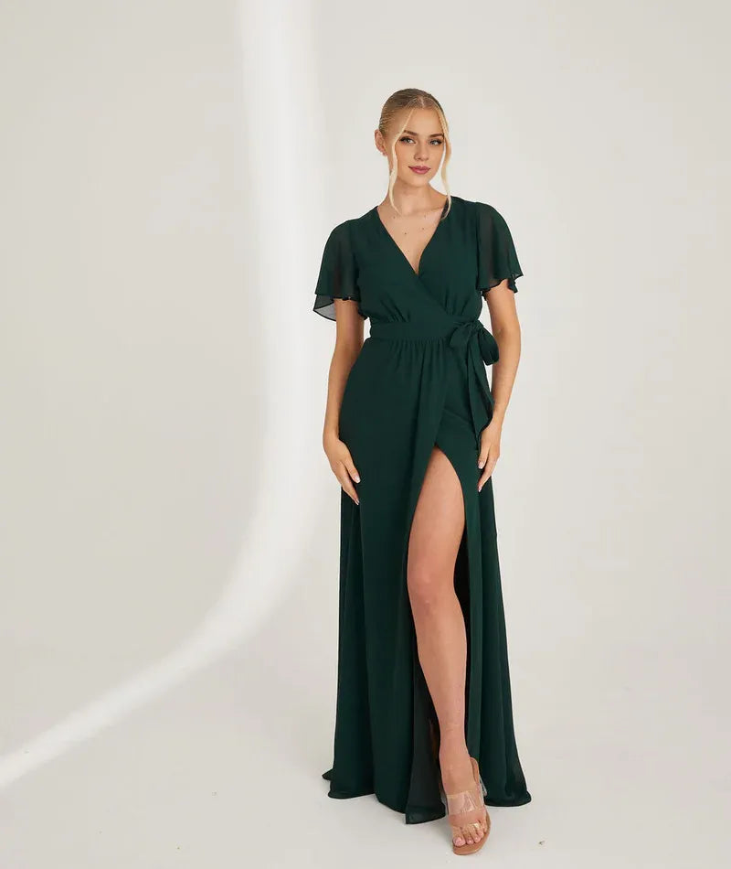 Blue Dress Fashion V Neck Wrap Tie Bridesmaid Dress Maxi Dress Solid Color Flutter Sleeve A-Line Prom Dress