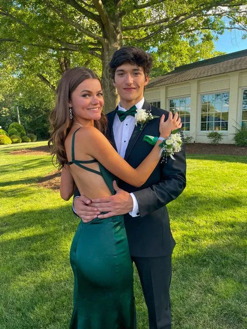 Emerald Green Satin Mermaid Prom Dress Spaghetti-Strap Deep V-Neck Crisscross Open-Back Floor-Length Gown