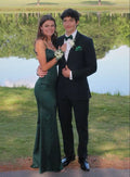 Emerald Green Satin Mermaid Prom Dress Spaghetti-Strap Deep V-Neck Crisscross Open-Back Floor-Length Gown