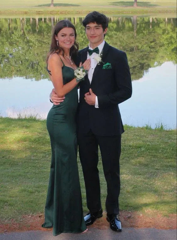 Emerald Green Satin Mermaid Prom Dress Spaghetti-Strap Deep V-Neck Crisscross Open-Back Floor-Length Gown
