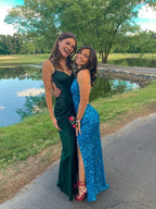 Emerald Green Satin Mermaid Prom Dress Spaghetti-Strap Deep V-Neck Crisscross Open-Back Floor-Length Gown