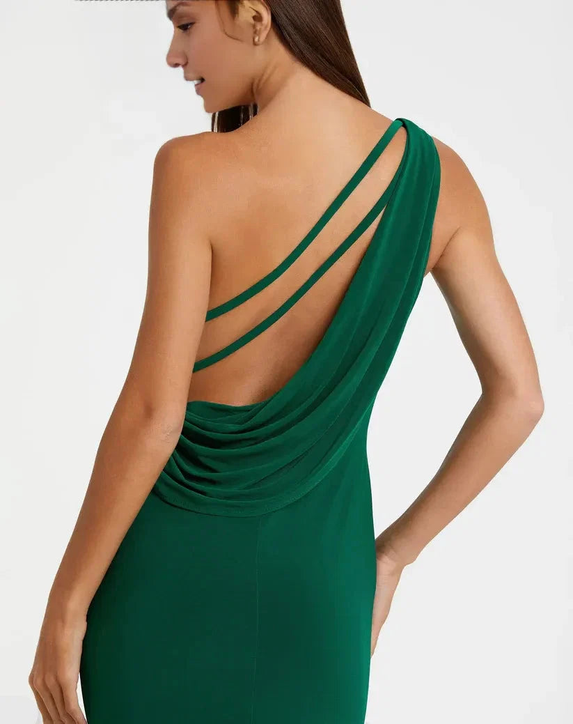 Sheath One Shoulder Sleeveless Draped Back Floor-Length Prom Dress