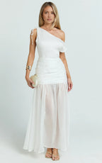 Enchanting A Line One Shoulder Sleeveless Draped Back Floor Length Plus Size Evening Dress