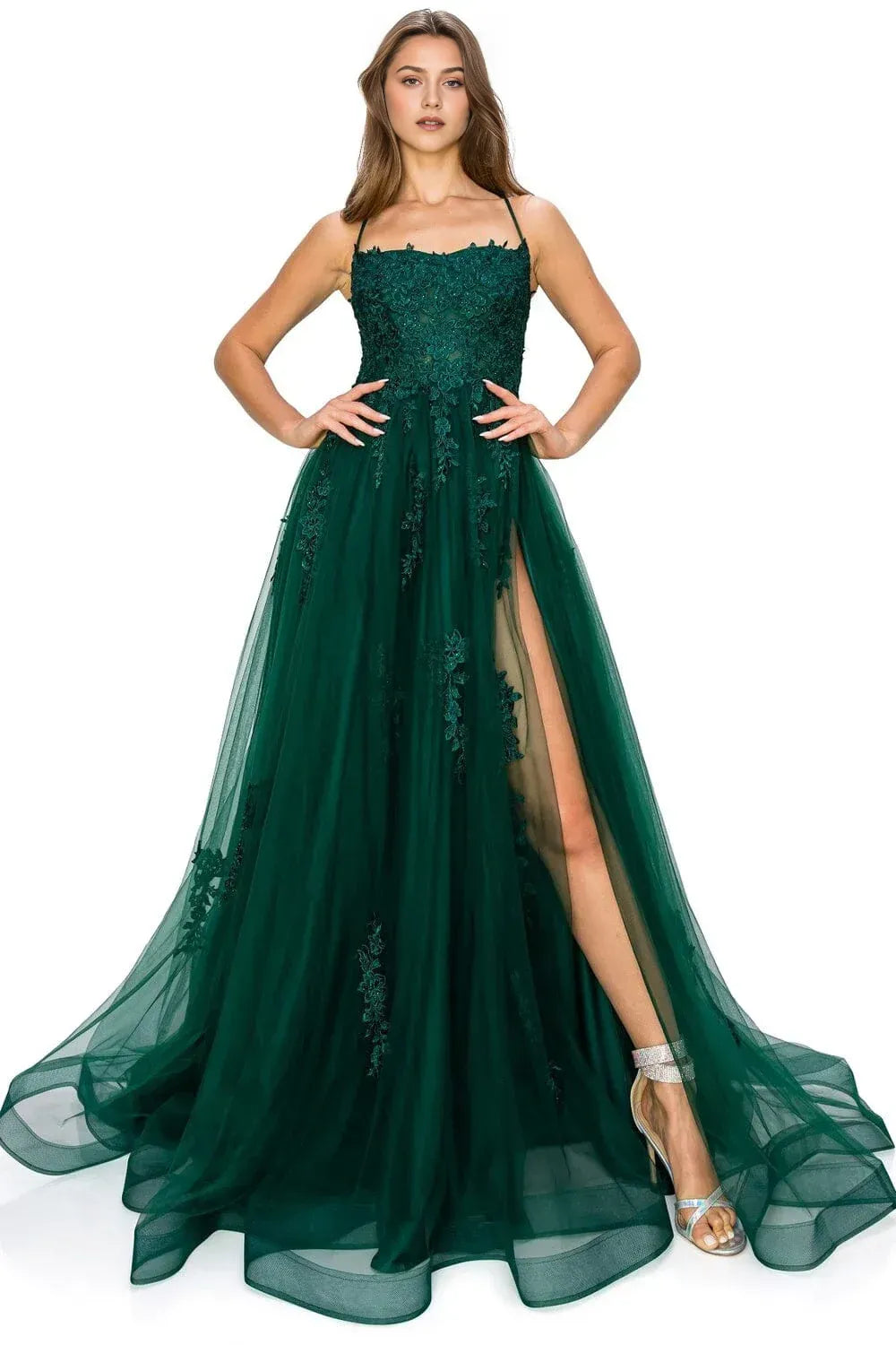 Enchanting A-Line Square Neck Spaghetti Strap Lace Up Back Floor Length Prom Dress