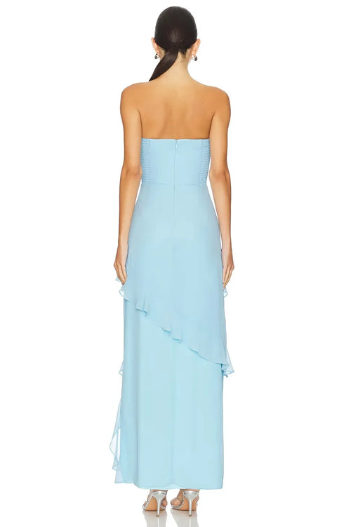 Robe de soirée bustier longue asymétrique dos nu coupe trapèze élégante