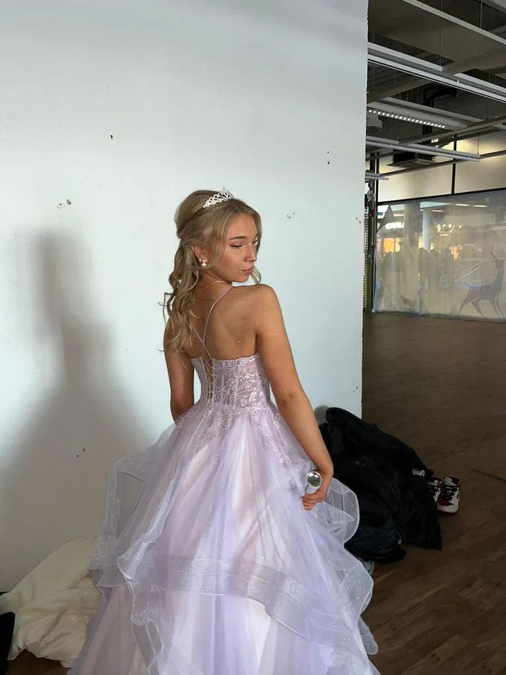 Enchanting A-Line Strapless Sweetheart Lace-Up Corset Tiered Floor-Length Evening Ball Gown