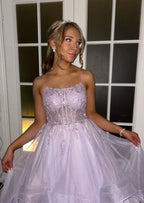 Enchanting A-Line Strapless Sweetheart Lace-Up Corset Tiered Floor-Length Evening Ball Gown