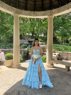 Enchanting A-Line Strapless Sweetheart Tiered Ruffle High-Slit Floor-Length Evening Gown
