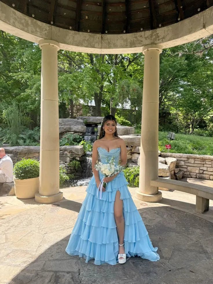 Enchanting A-Line Strapless Sweetheart Tiered Ruffle High-Slit Floor-Length Evening Gown