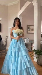 Enchanting A-Line Strapless Sweetheart Tiered Ruffle High-Slit Floor-Length Evening Gown