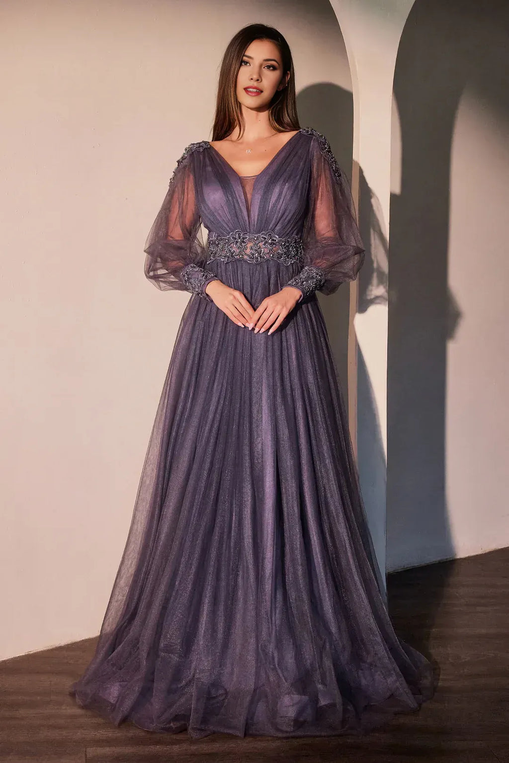 Enchanting A-Line V Neck Bishop Sleeve Open Back Floor Length Prom Dress