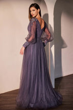 Enchanting A-Line V Neck Bishop Sleeve Open Back Floor Length Prom Dress