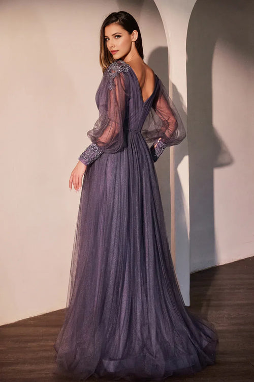 Enchanting A-Line V Neck Bishop Sleeve Open Back Floor Length Prom Dress