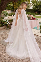 Enchanting A-Line V-Neck Cape Sleeve Open Back Floor Length Prom Dress