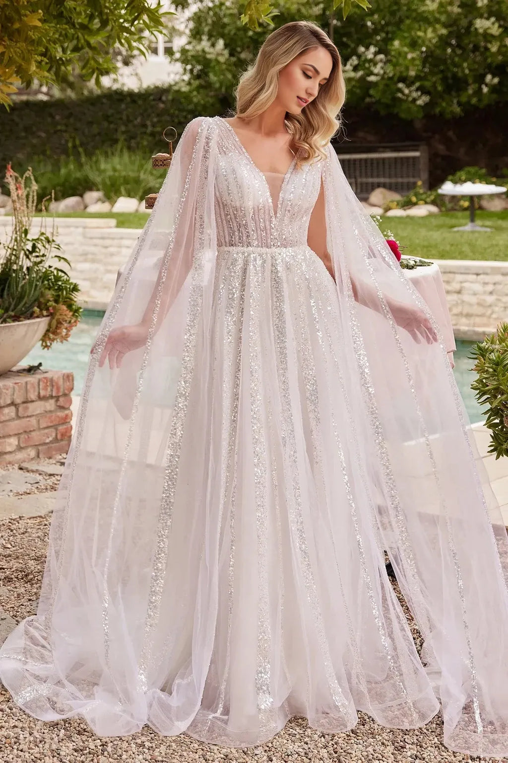 Enchanting A-Line V-Neck Cape Sleeve Open Back Floor Length Prom Dress