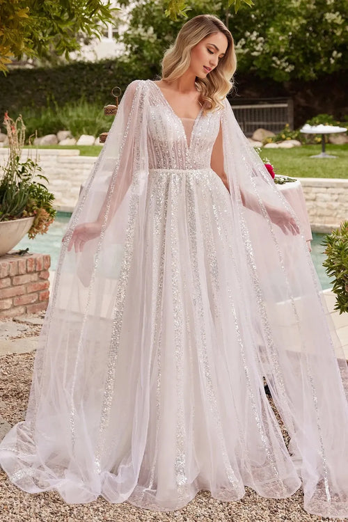 Enchanting A-Line V-Neck Cape Sleeve Open Back Floor Length Prom Dress