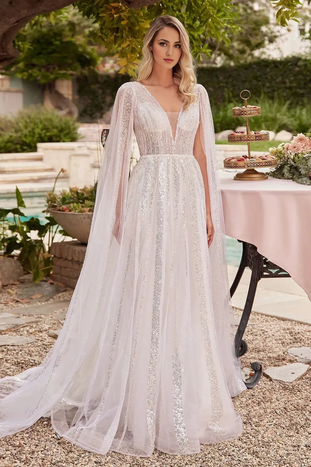 Enchanting A-Line V-Neck Cape Sleeve Open Back Floor Length Prom Dress