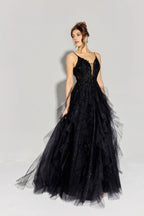 Enchanting A-Line V Neck Spaghetti Strap Open Back Floor Length Prom Dress