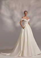 Enchanting Ball Gown Off Shoulder Floral Short Sleeve Lace Up Back Long Length Wedding Dress