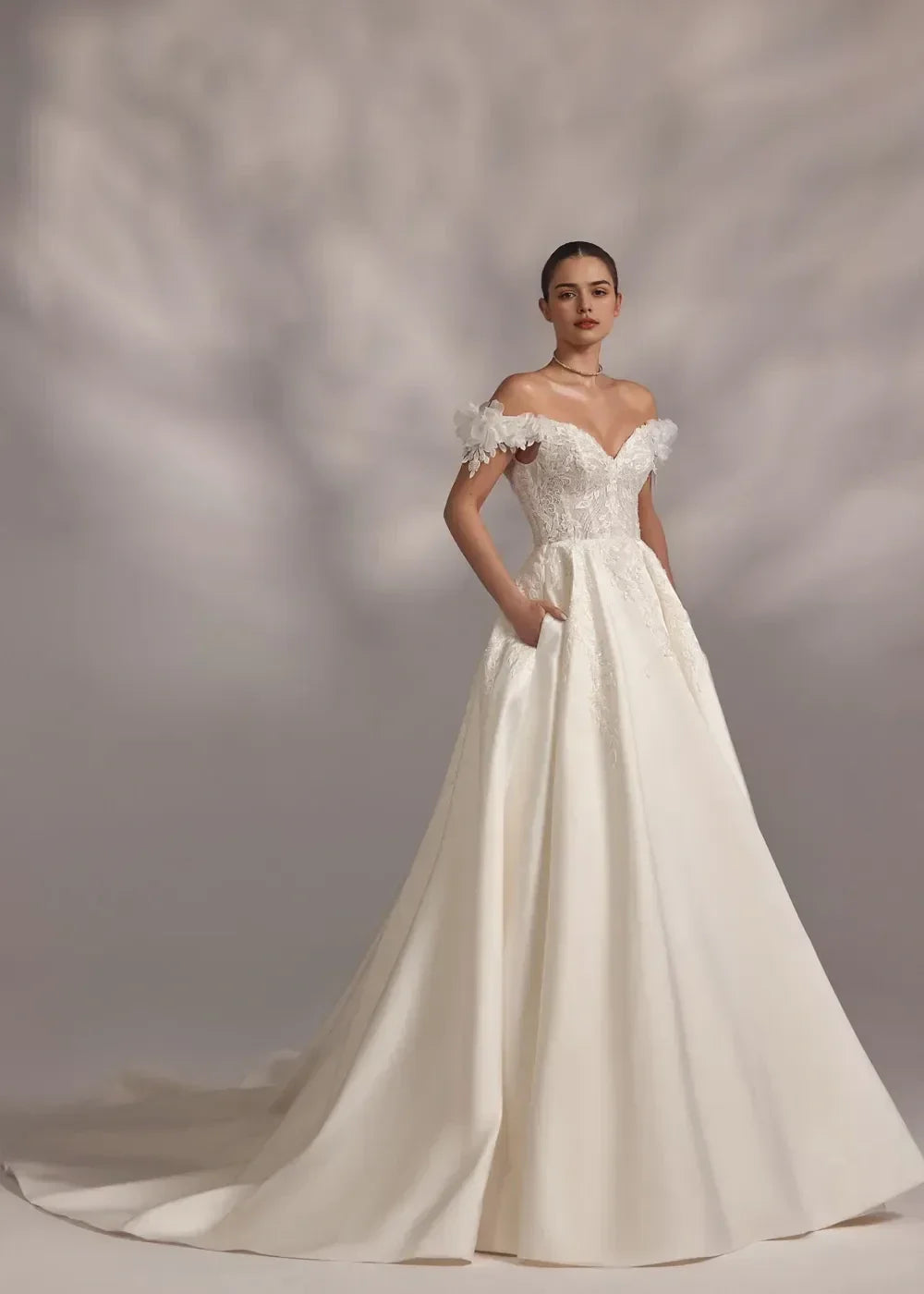 Enchanting Ball Gown Off Shoulder Floral Short Sleeve Lace Up Back Long Length Wedding Dress