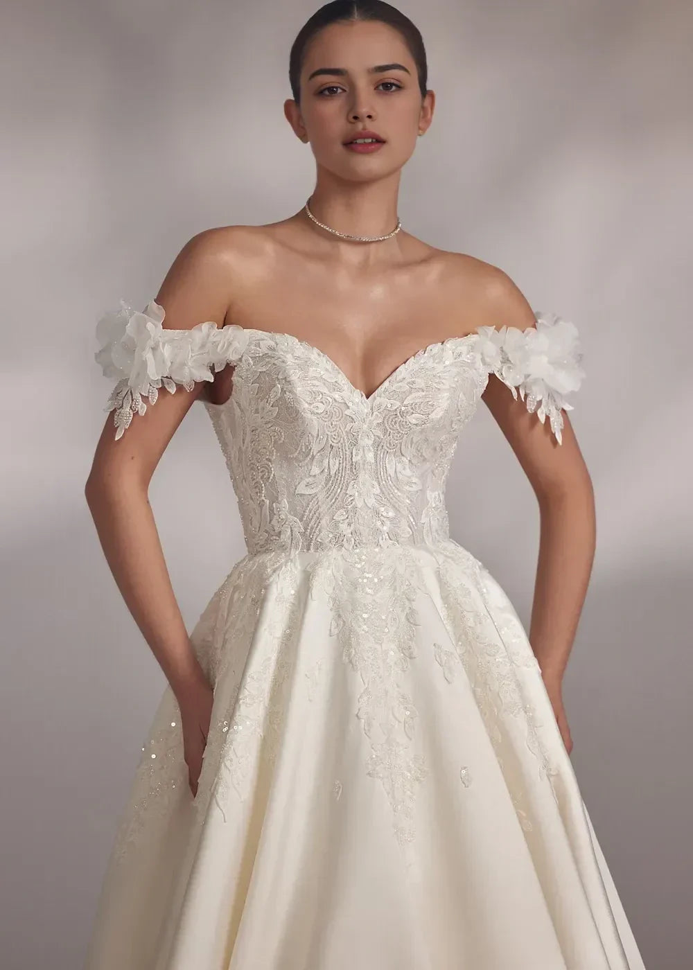 Enchanting Ball Gown Off Shoulder Floral Short Sleeve Lace Up Back Long Length Wedding Dress