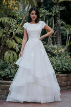 Enchanting Ball Gown Scoop Neck Cap Sleeve Button Back Floor Length Wedding Dress