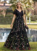 Black Enchanting Floral Embroidered A-Line Evening Gown with Flutter Sleeves