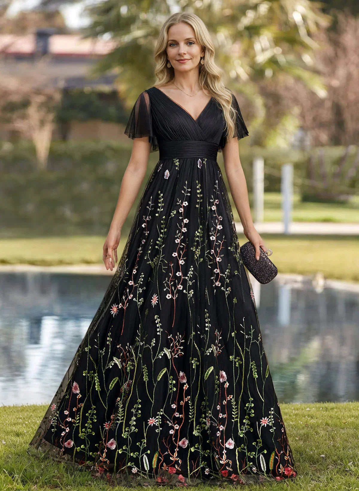 Black Enchanting Floral Embroidered A-Line Evening Gown with Flutter Sleeves